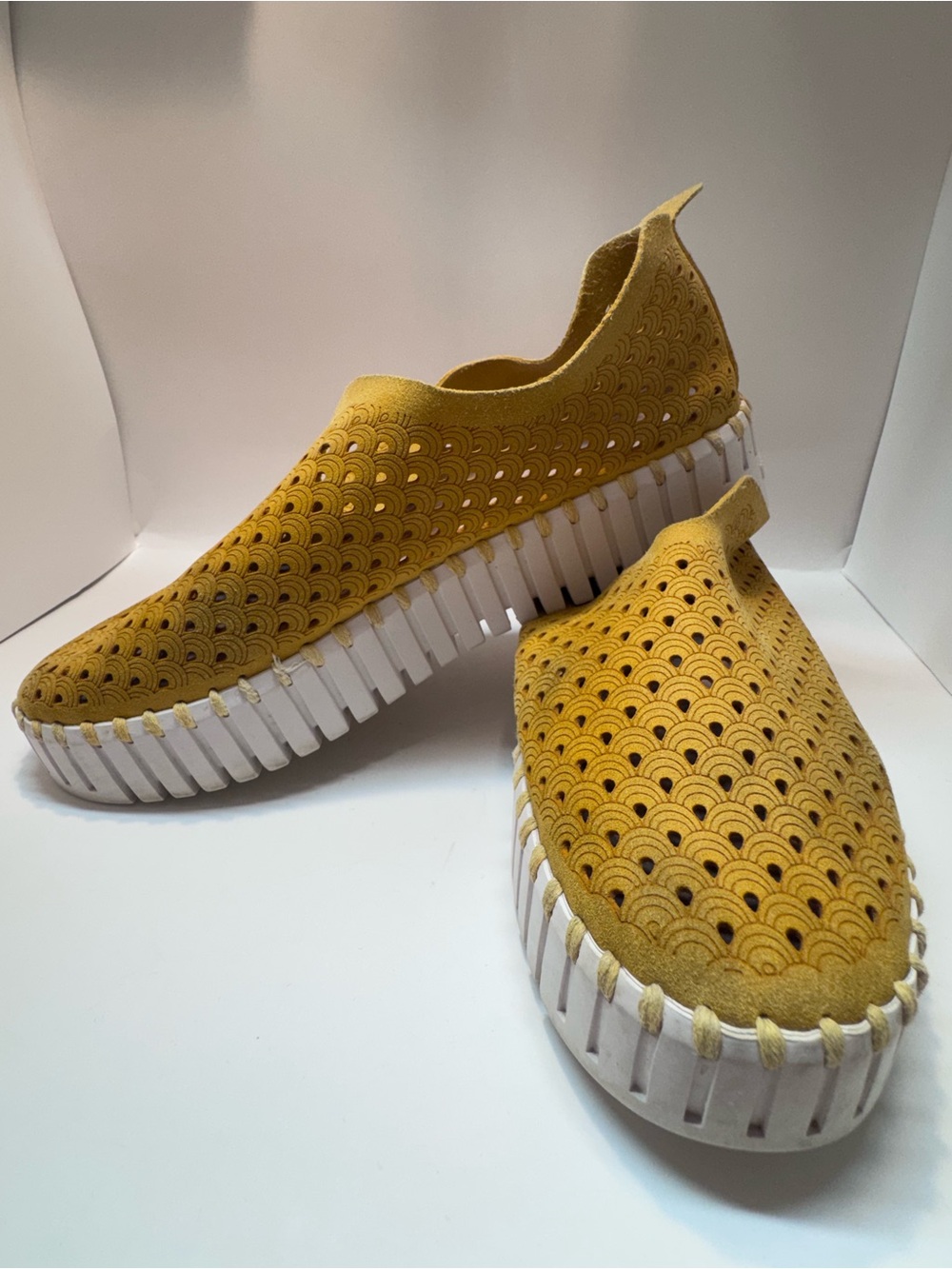 Ilse Jacobsen Mustard Yellow Perforated Slip-On Knit Mules